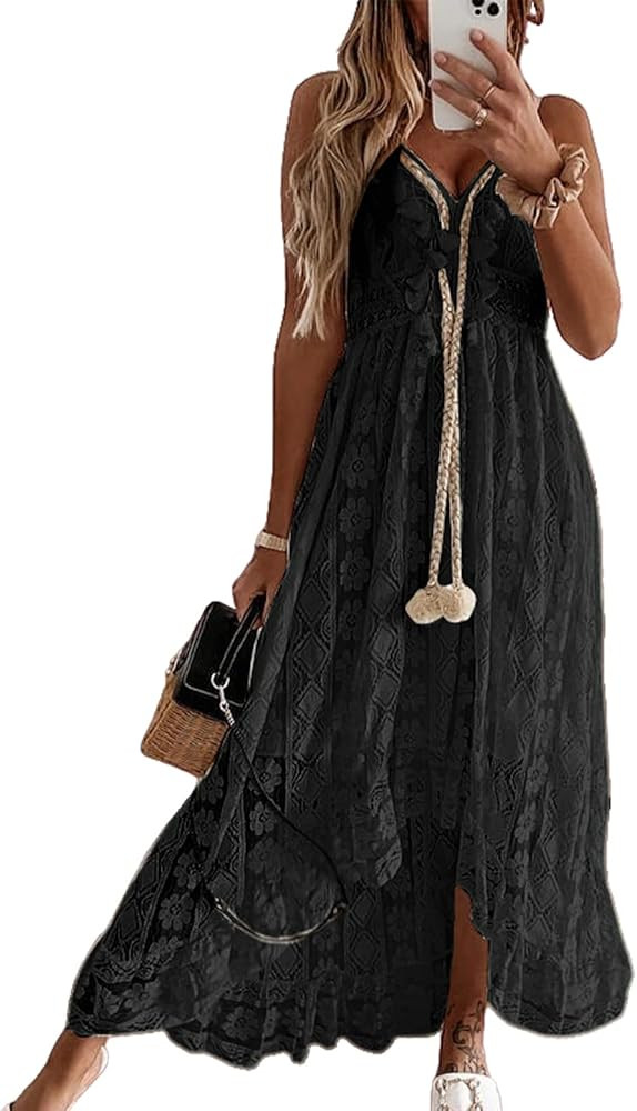 CUPSHE Maxi Summer Dress for Women Lace V Neck Sleeveless Sundress Boho Crochet Tassel Flowy Beac... | Amazon (US)