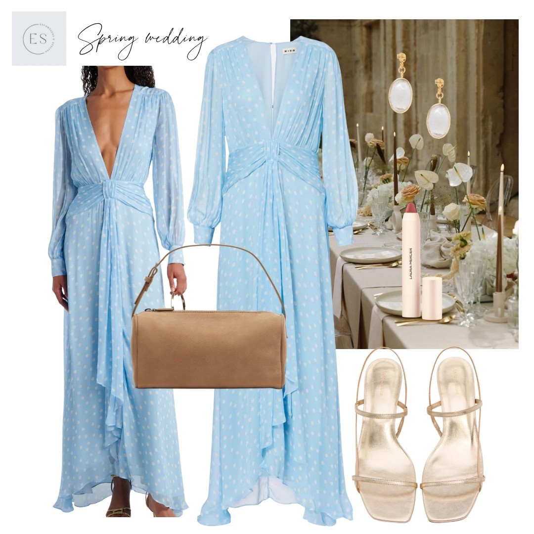 Spring wedding guest outfit. 

Sand suede 90s mini bag, pale gold kitten heel sandals, nude lip crayon, gold plated crystal earrings, light blue polka dot shirred gown. 

#LTKwedding #LTKspring #LTKstyletip