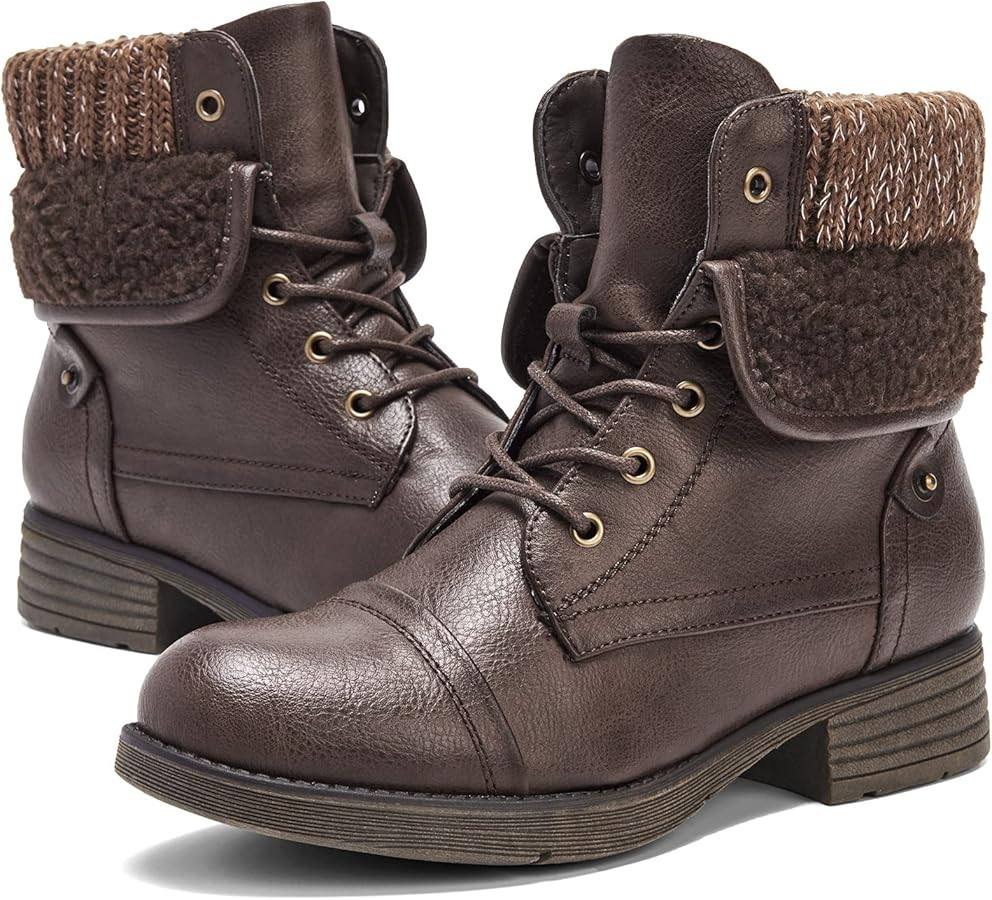 Women's Combat Style Lace-up Ankle Booties with Fur | Amazon (US)