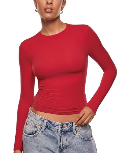 INLYRIC Women's Inbarely Ultra Long Sleeve Shirts Crew Neck Double Lined Slim Fitted Going Out Tops Basic Tees Lipstick Red Large | Amazon (US)