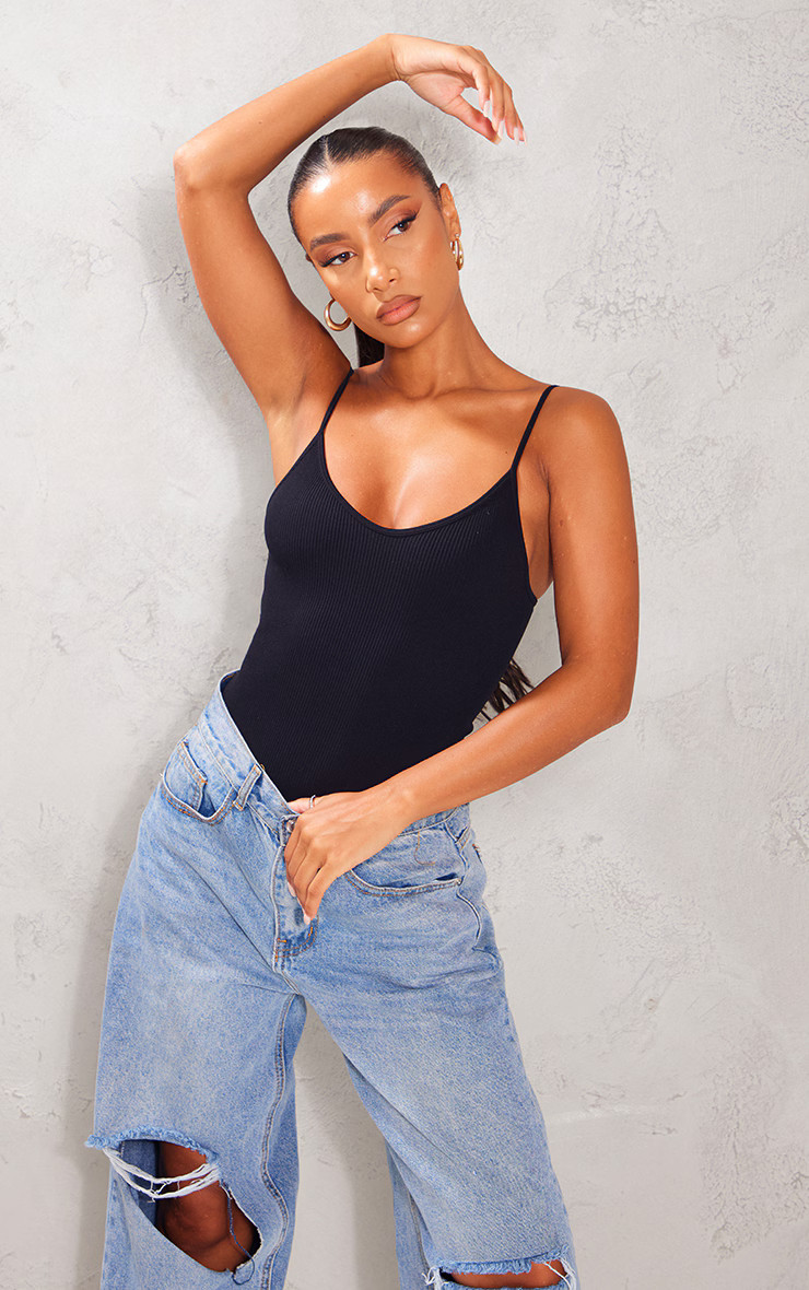 Black Snatched Rib Strappy Bodysuit | PrettyLittleThing US