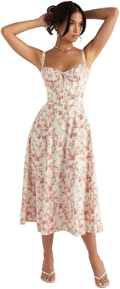 Milkmaid Dress Women, Floral Corset Dress for Women, Summer Printed Slit and Flowing Hem Sleevele... | Amazon (US)