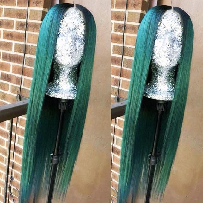 ANDRIA Ombre Green Wig Silk Straight Hair Wigs Dark Roots Blue Wig Synthetic Long Natural Straigh... | Amazon (US)