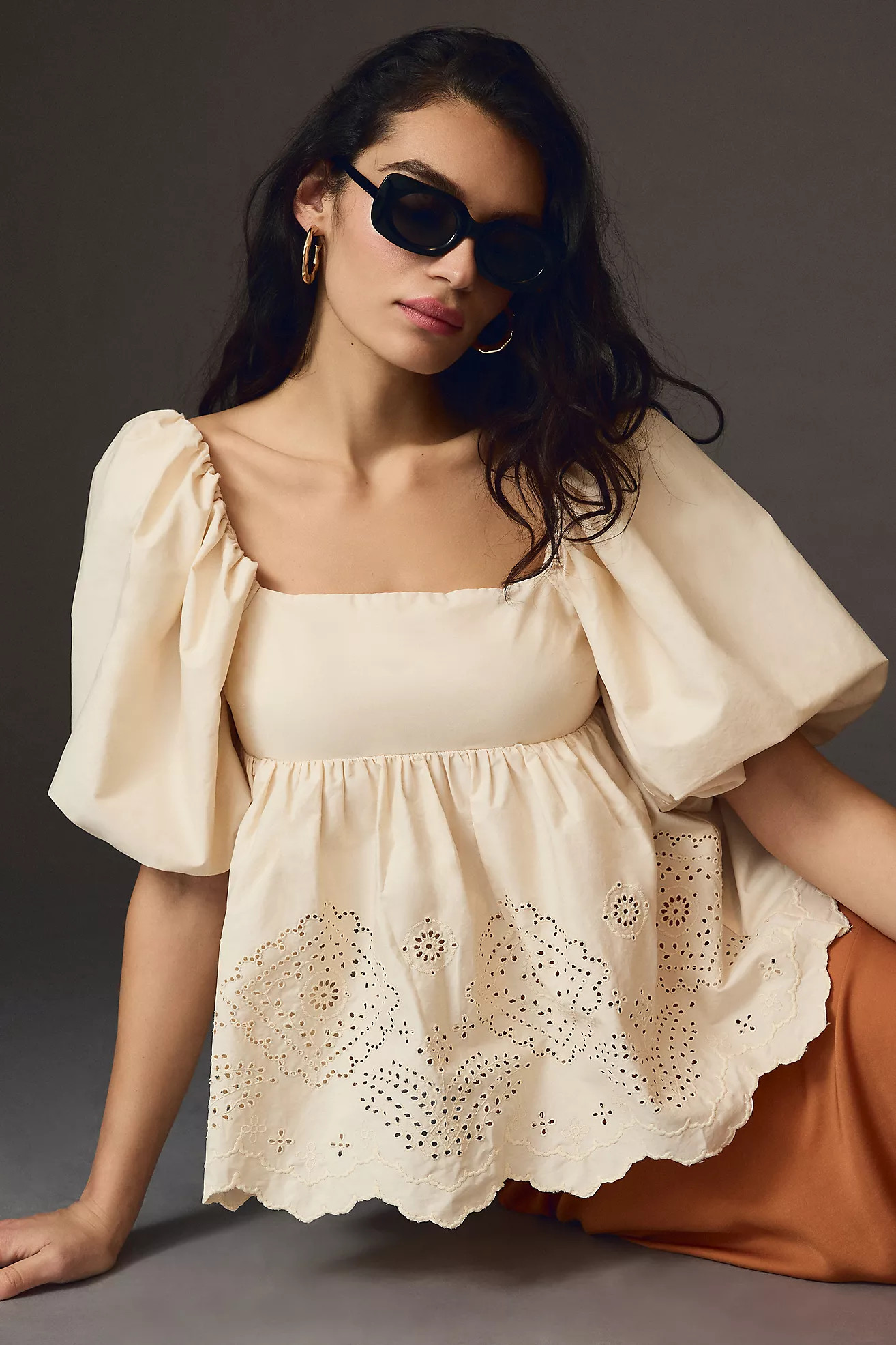 Moon River Eyelet Babydoll Top | Anthropologie (US)