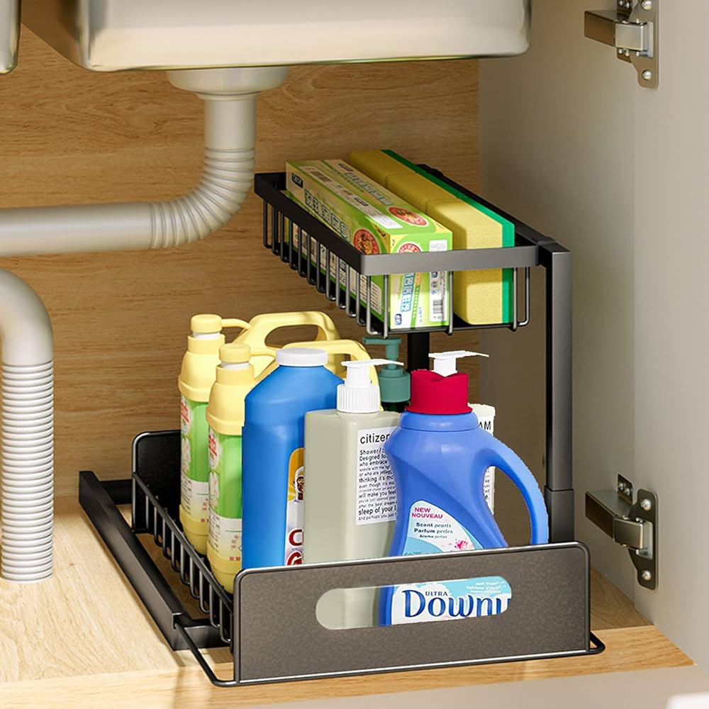 Mlesi Under Sink Organizers and Storage, 2 Tier Sliding Cabinet Basket Organizer with Non-Slip Pa... | Amazon (US)