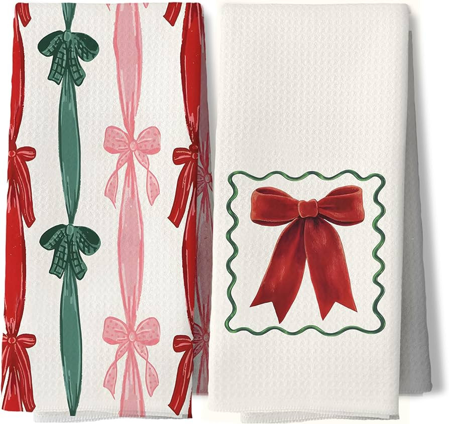 Red Pink and Green Bow Christmas Kitchen Dish Towels, Preppy Christmas Decor, Winter Holiday Xmas... | Amazon (US)
