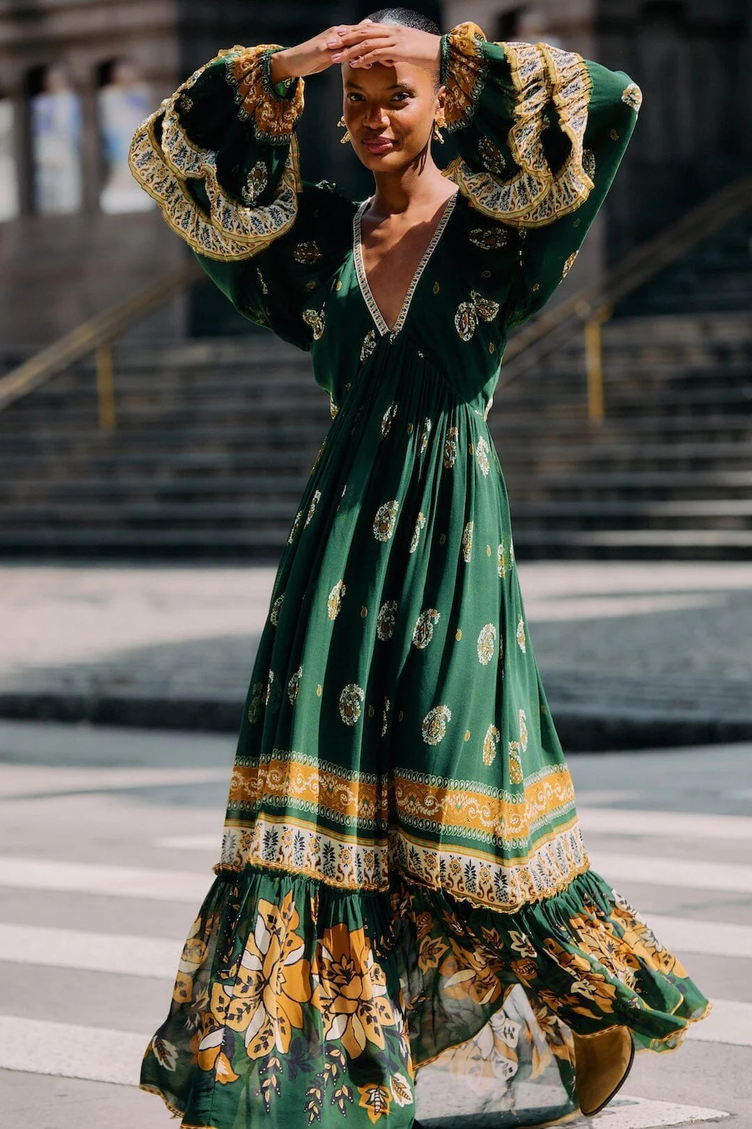 Green Ayla Long Sleeve Ruffled Maxi Dress | FARM Rio | FarmRio (US)