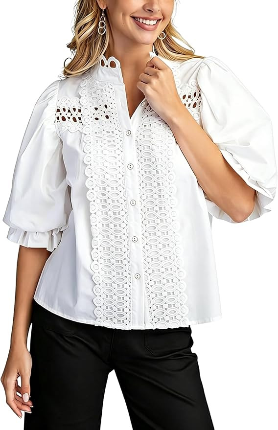 Esmeling Women Lace Embroidered Eyelet Top Mock Neck Puff Ruffle Sleeve Shirt Hollow Out Button D... | Amazon (US)