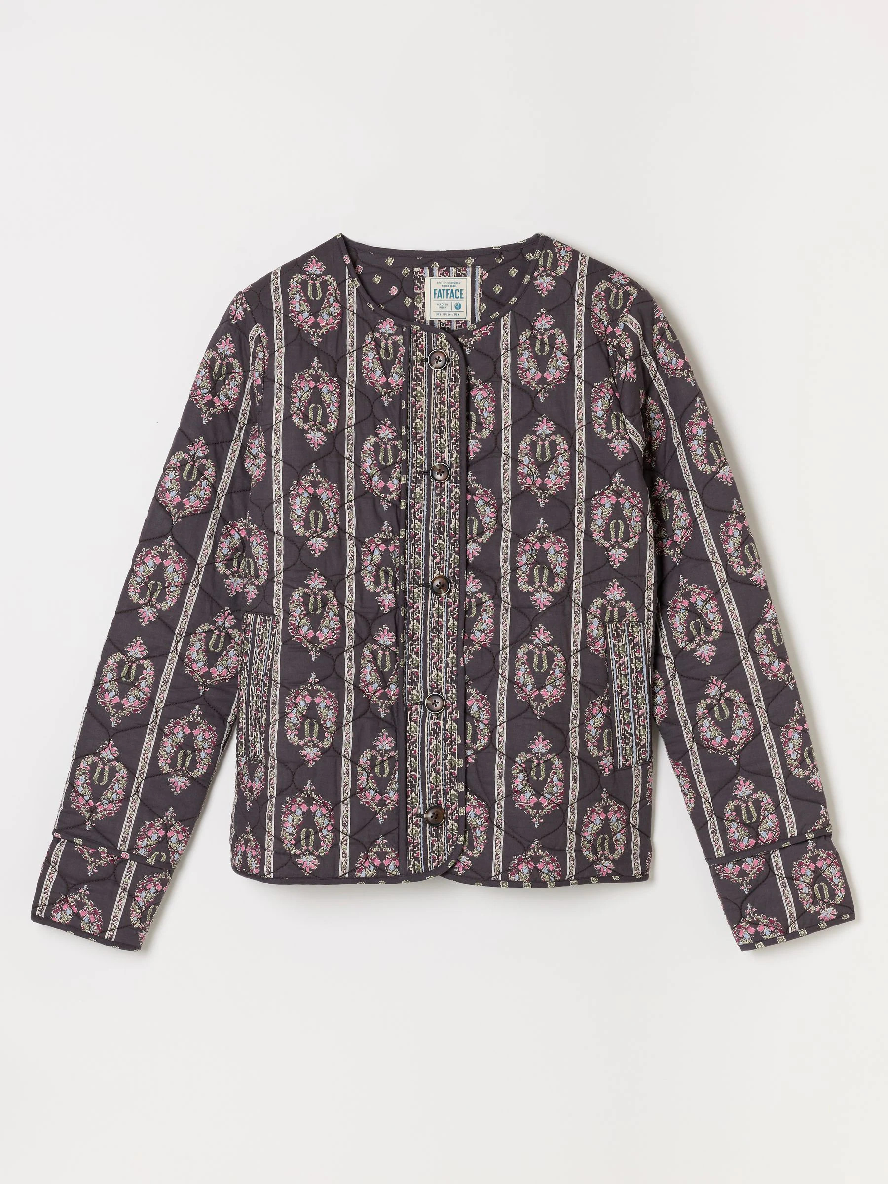 Fat Face FatFace Grey/Pink Paisley Petite Quilted Floral Jacket | Next US