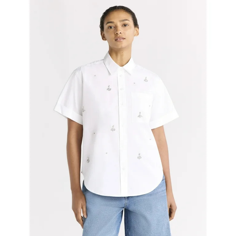 Free Assembly Women's Embellished Cotton Button Up Shirt, Sizes XS-XXL | Walmart (US)