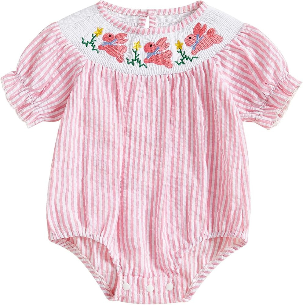 Baby Girl Easter Outfit Smocked Romper Dress Rabbit Embroidery Short Puff Sleeves Bodysuit Jumpsu... | Amazon (US)
