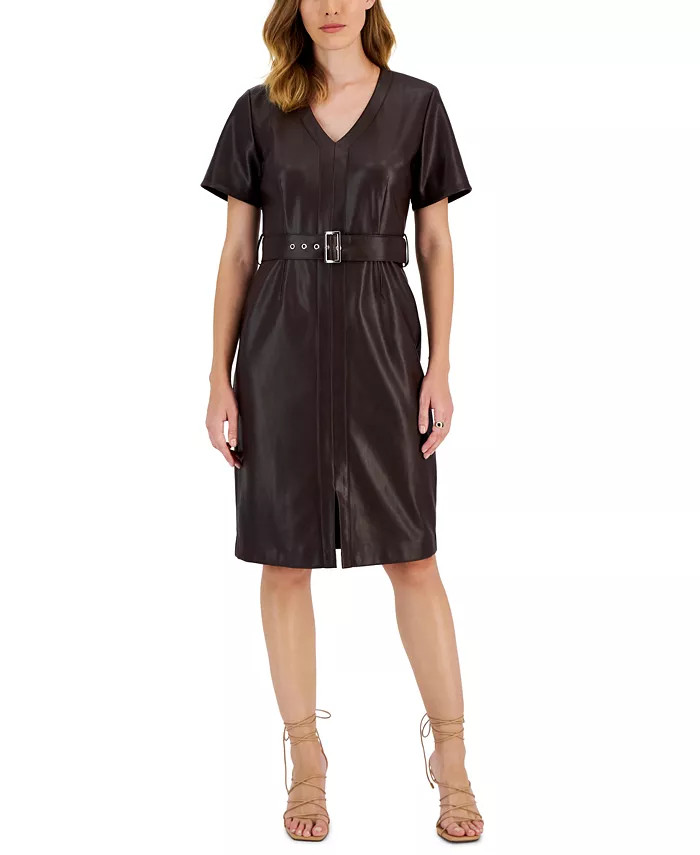 T Tahari Women's Belted Faux Leather V-Neck Dress - Macy's | Macy's