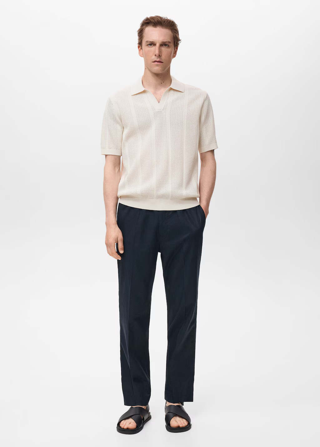 Knitted cotton polo shirt with lace pattern ivory white - Man - XXL - MANGO MAN | Mango (US/MX/AU)