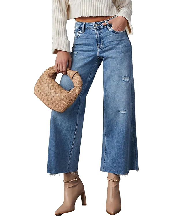 Allimy Women's High Waisted Straight Ankle Wide Leg Ripped Jeans Frayed Hem Stretchy Capri Denim ... | Amazon (US)