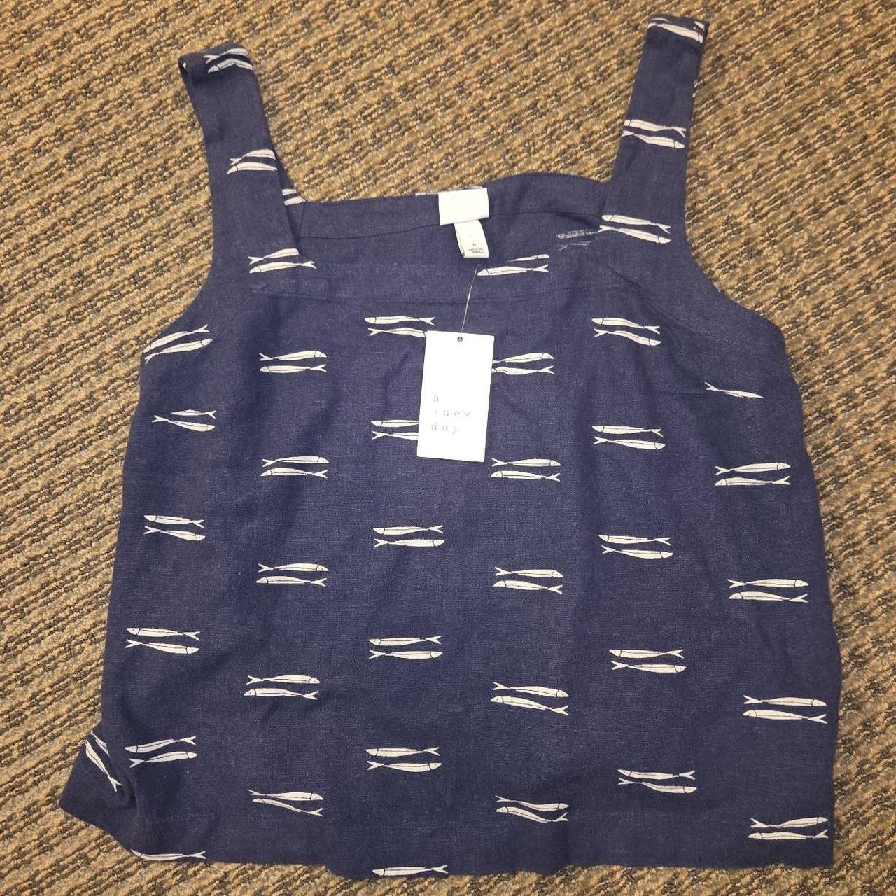 Women's Linen Tank Top A New Day" Navy/Cream Fish L:... | Depop | Depop US
