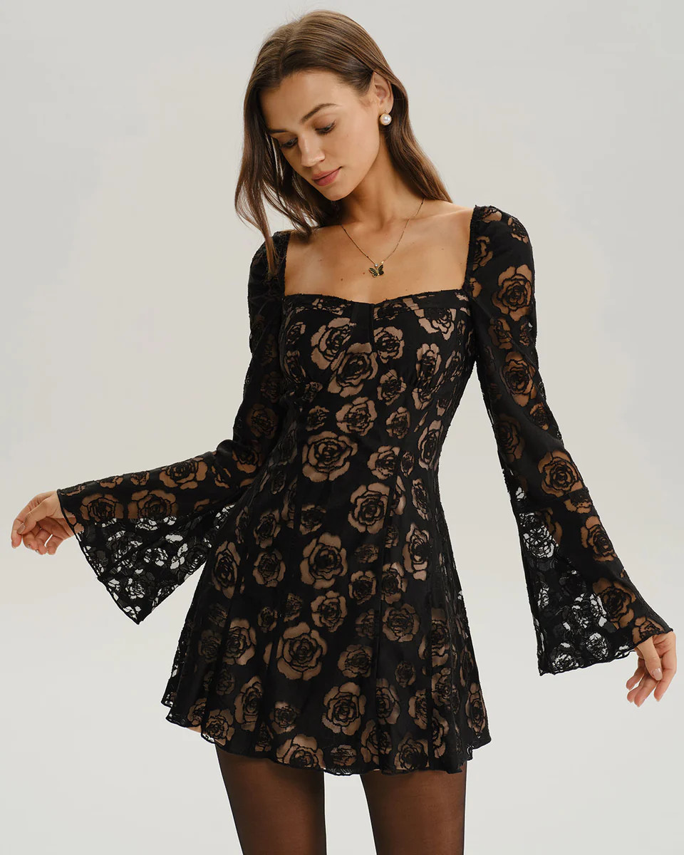 Black See Through Bell Sleeve Mini Dress | rihoas.com