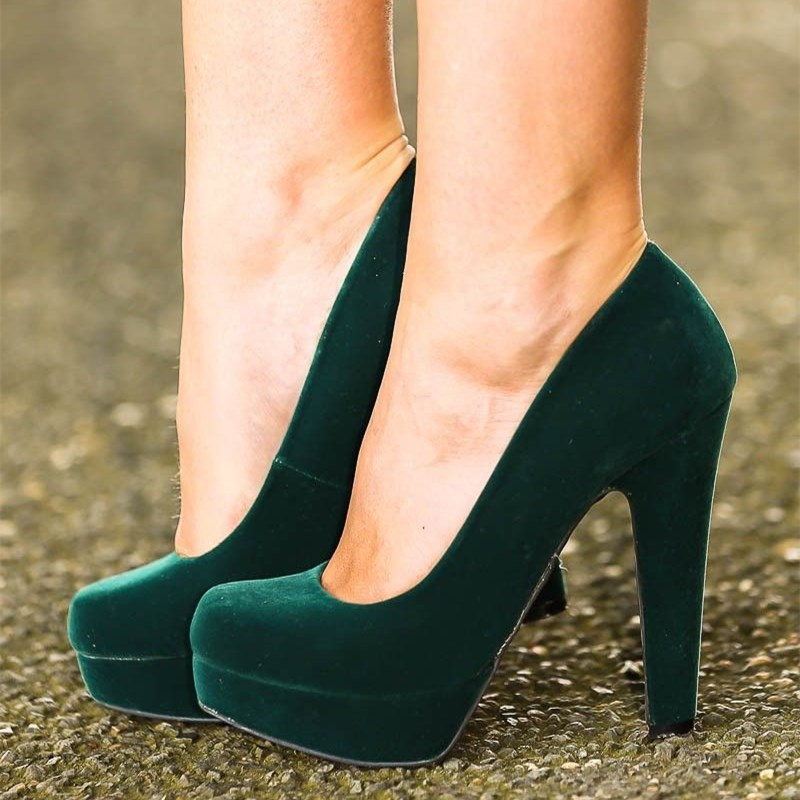 Elegant Green Velvet Chunky Heel Platform Pumps for Women | FSJshoes.com