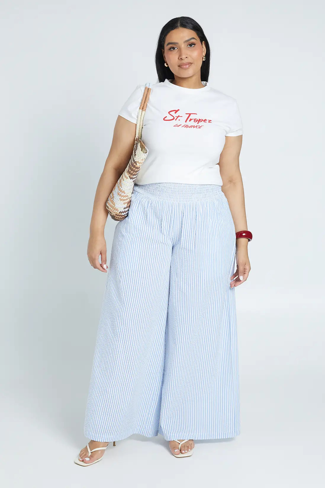 Blue Plus Shirred Waist Gingham Wide Leg Trouser | Boohoo USA | boohoo (US & Canada)
