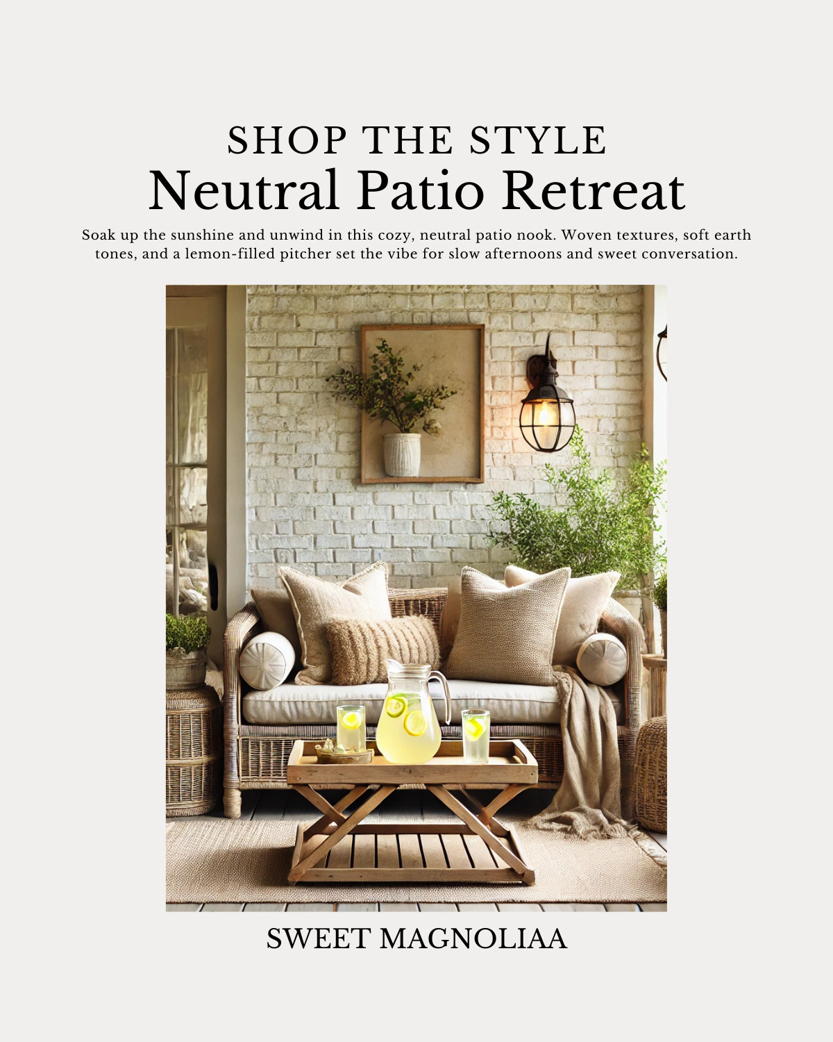 Soak up the sunshine and unwind in this cozy, neutral patio nook. Woven textures, soft earth tones, and a lemon-filled pitcher set the vibe for slow afternoons and sweet conversation. 

 #LTKHome