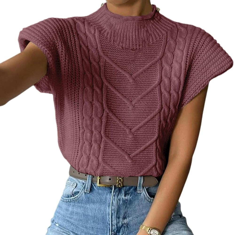 Yimoon Women’s Sweater Vest Top Sleeveless Cable Knit Mock Neck Sweater Tank Short Sleeve Shoul... | Amazon (US)