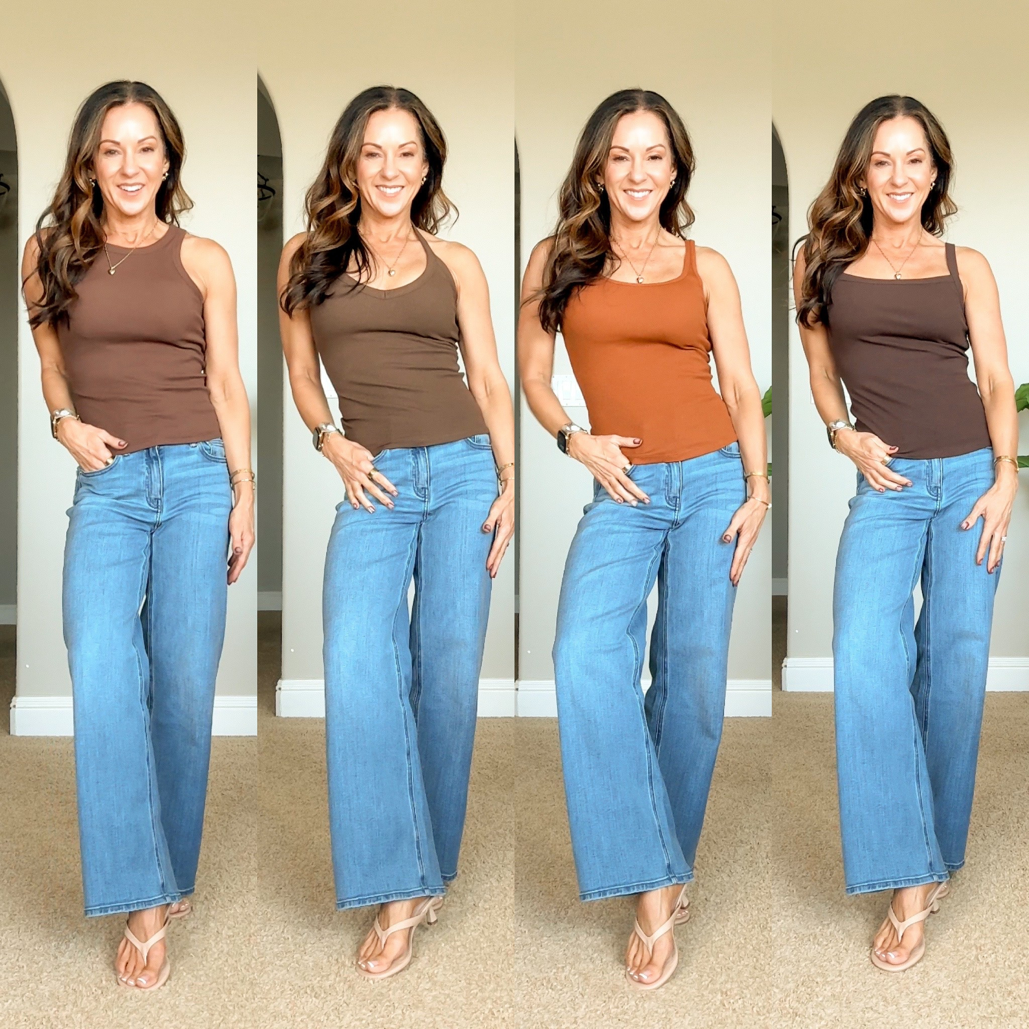 Amazon Built-in tanks 4 styles all size XS. removable pads. Super comfy and perfect for summer. For Reference: I'm 5'1", 107lbs, 32D. Jeans linked in my LTK.

#LTKPetite #LTKOver40 #LTKSaleAlert
