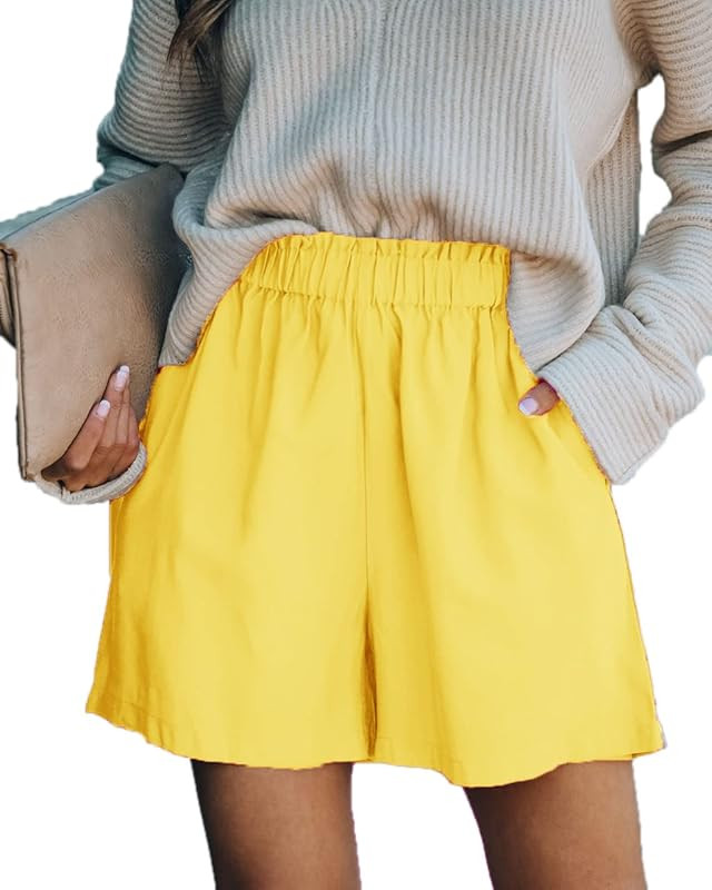Paintcolors Women's Pockets High Rise Elastic Waist Shorts Casual Ruffle Paper Bag Work Shorts | Amazon (US)