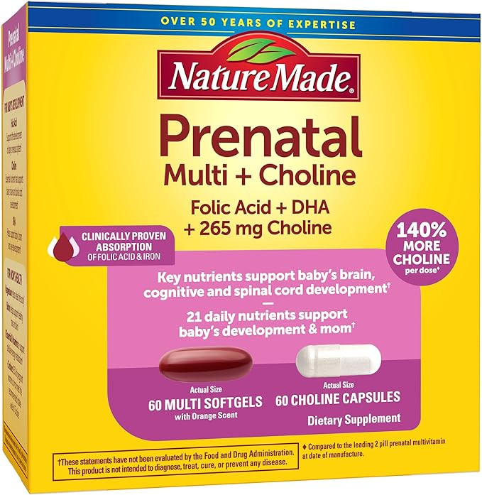 Nature Made Prenatal Vitamin Softgels + Choline Capsules, Folic Acid + DHA + Choline, 60 Prenatal... | Amazon (US)