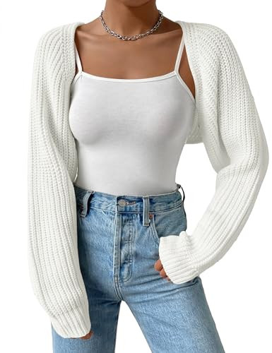 SECRETEYARD Women's Long Sleeve Open Front Knitted Crop Cardigan Drop Shoulder Knit Bolero Shrug Sweater Cream White | Amazon (US)