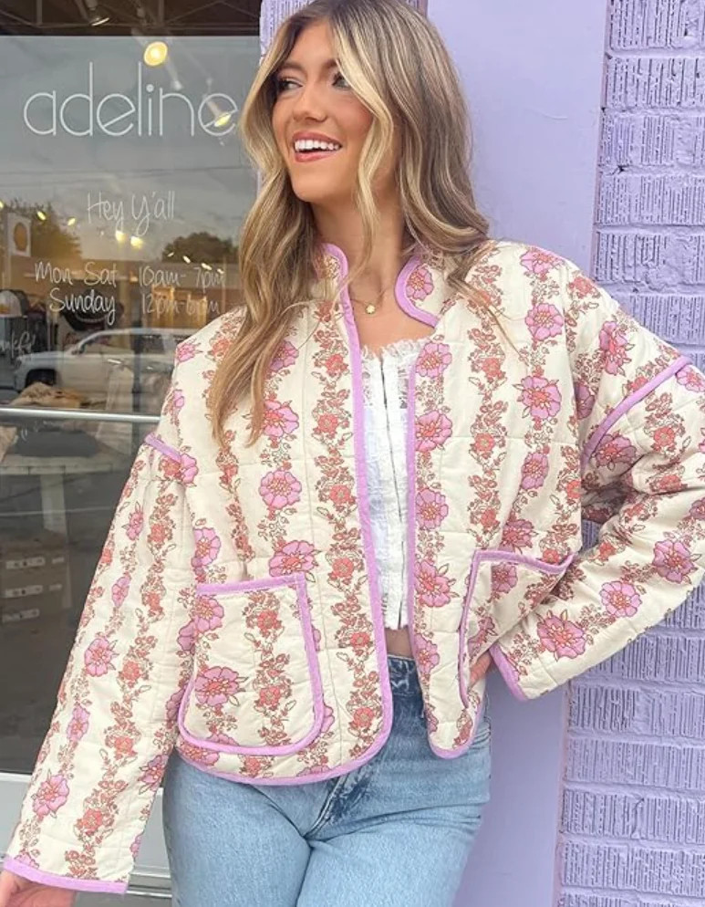 Women's Cropped Puffer Jacket Floral Print Quilted Puffer Jackets Open Front Lightweight Short Ja... | Walmart (US)