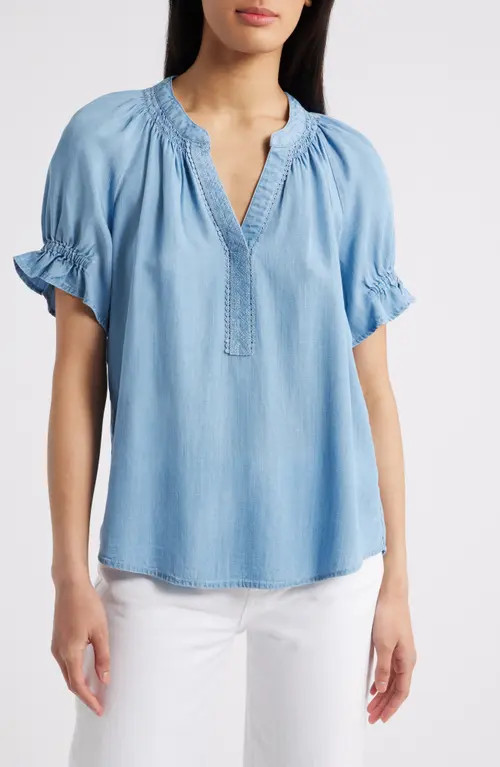 Wit & Wisdom Smocked Embroidered Chambray Top in Light Blue at Nordstrom, Size X-Large | Nordstrom