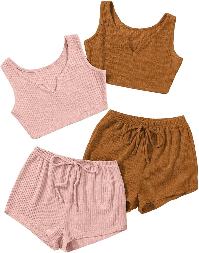 Milumia Women's 4 Pieces Ribbed Knit Crop Tank Top and Drawstring Waist Shorts Pajama Set Loungew... | Amazon (US)