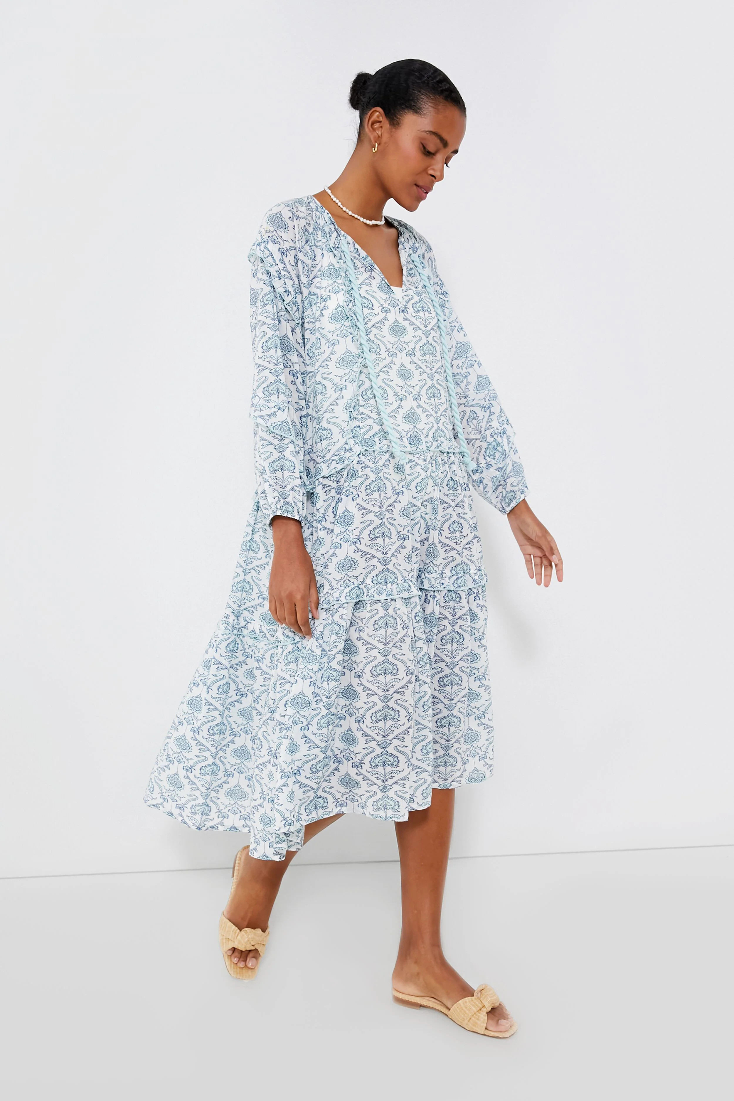 Dusty Blue Medallion Long Sleeve Ruffle Caftan | Tuckernuck (US)