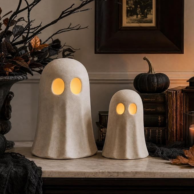 2 Pcs Terracotta Ghost Figurines with LED Lights, Light up Halloween Ghost Decorations, Vintage C... | Amazon (US)
