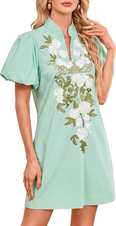 Women’s Floral Embroidered Shift Dress Puff Short Sleeve V Neck Mini Dress Casual Summer Tunic ... | Amazon (US)