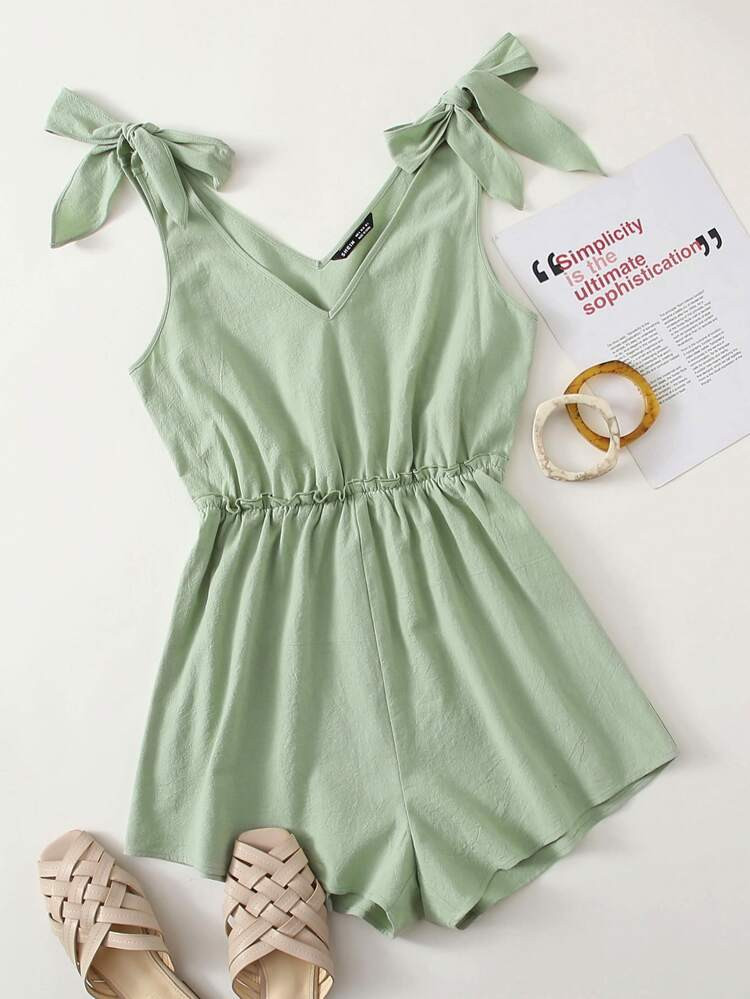 SHEIN Knot Shoulder Frill Waist Romper | SHEIN