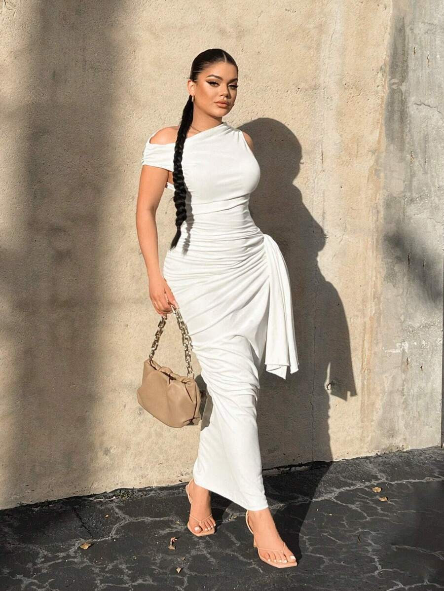 SHEIN SXY Plus Size Bodycon One Shoulder Elegant Party Twist Detail White Dress | SHEIN