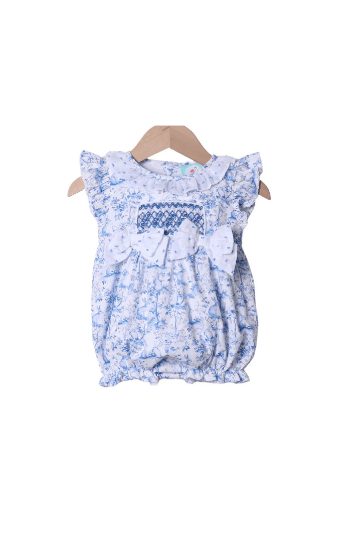 Smocked Blue Bunny Toile Bubble | The Smocked Flamingo
