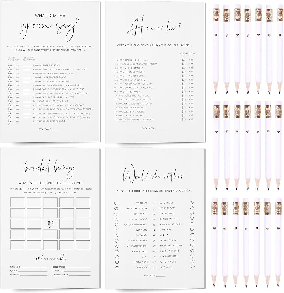 Bridal Shower Games Bundle - 5 Bridal Shower Games for 30 Guests, 30 Bridal Shower Pencils - Doub... | Amazon (US)