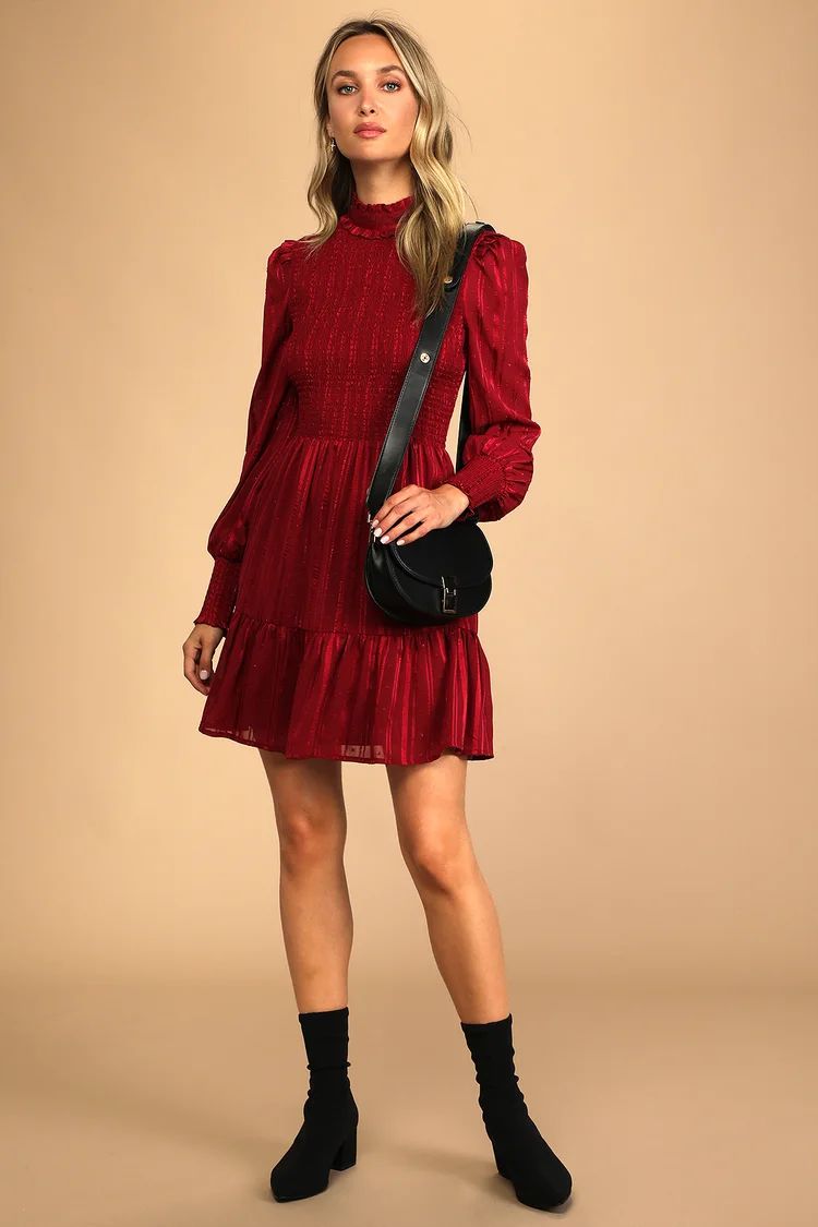 Heartful Romance Burgundy Striped Smocked Long Sleeve Mini Dress | Lulus (US)