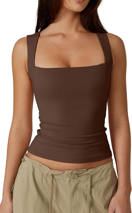 QINSEN Women's Square Neck Sleeveless Double-Layer Tank Tops Basic Tight T Shirts | Amazon (US)