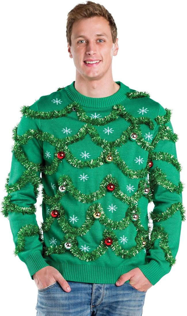 Men's Ornament and Garland Ugly Christmas Sweater - Green and Red Funny Tacky Tinsel Christmas Sw... | Amazon (US)