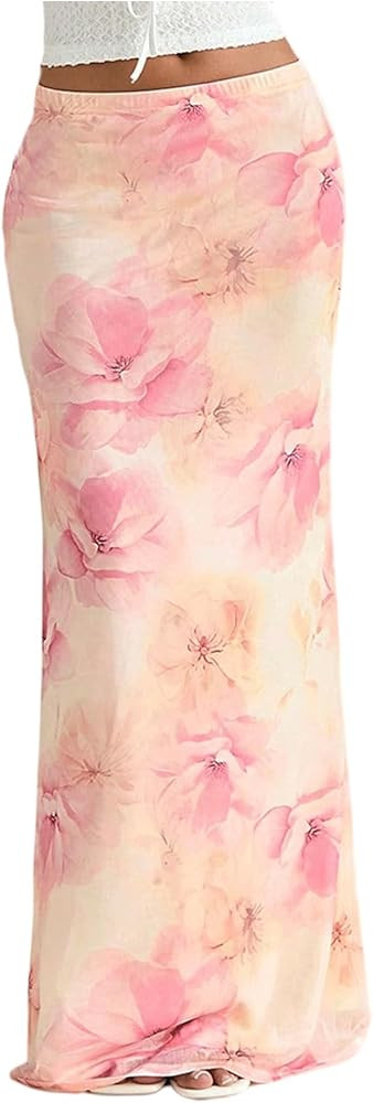 SHENHE Women's Mid Low Waist Floral Pattern Double Layered Mesh Fishtail Flowy Maxi Skirt | Amazon (US)