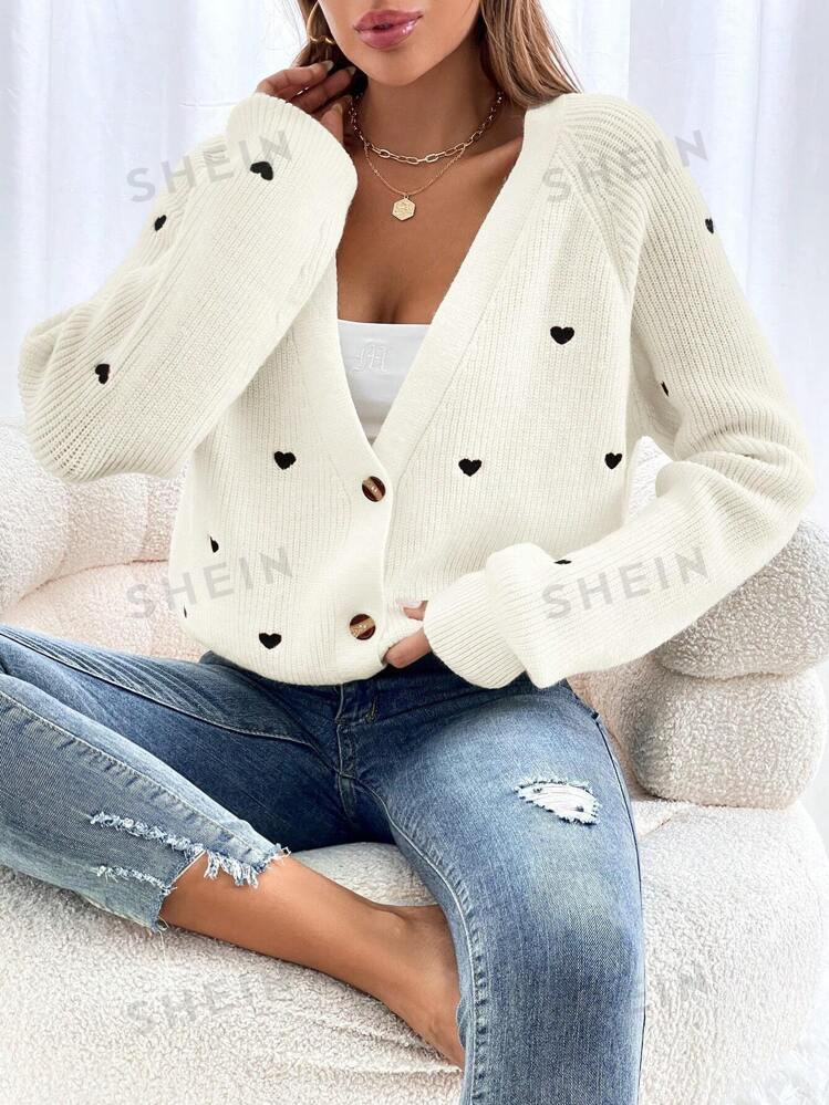 SHEIN Frenchy Heart Embroidery Raglan Sleeve Cardigan | SHEIN