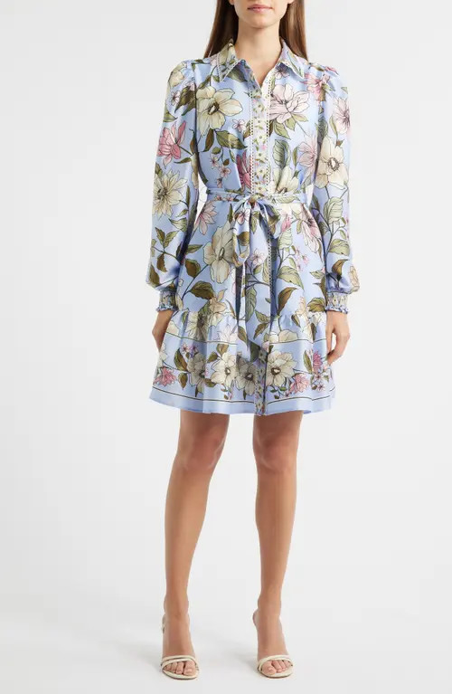 Anne Klein Floral Print Long Sleeve Satin Shirtdress in Surf Blue Multi at Nordstrom, Size 10 | Nordstrom
