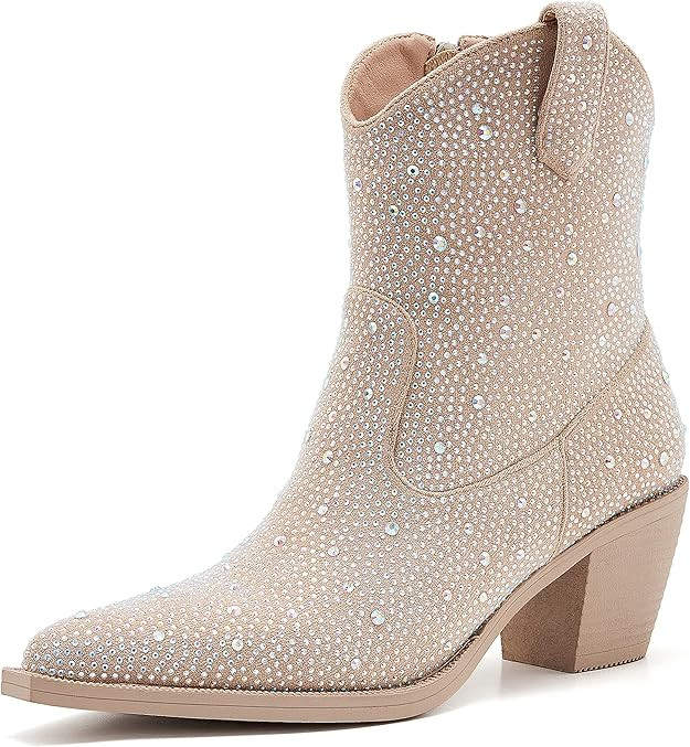ZXHYZLZ Women's Rhinestone Cowboy Boots Thick Root High Heel Pointed Toe Sparkling Cowgirl Boots | Amazon (US)