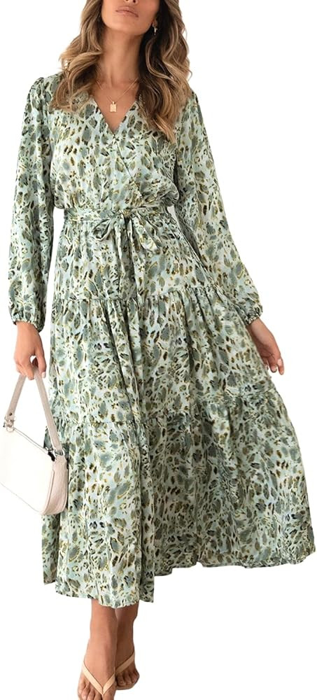 Inshine Women V-Neck Casual Bohemian Print Tie Flowy A-Line Cocktail Evening Midi Dresses | Amazon (US)