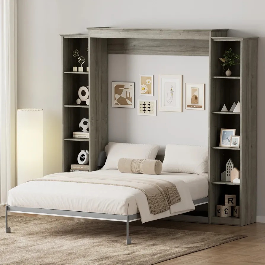 Murphy Bed Queen with Storage Bookcase & 4 Adjustable Shelves, Queen Murphy Bed Cabinet Bed, Fold... | Amazon (US)