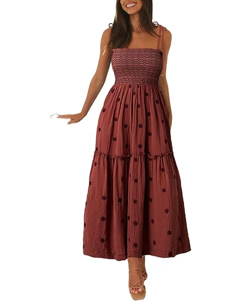 Women Floral Embroidered Maxi Dress Sleeveless Tie Shoulder Smocked Flowy Dress Boho Summer Sundr... | Amazon (US)