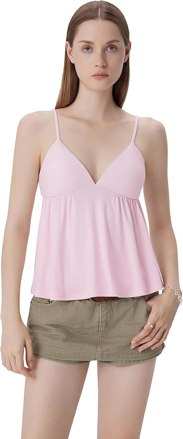 SUUKSESS Women V Neck Babydoll Tank Tops with Built in Bra Summer Cute Peplum Cami Going Out Tops | Amazon (US)