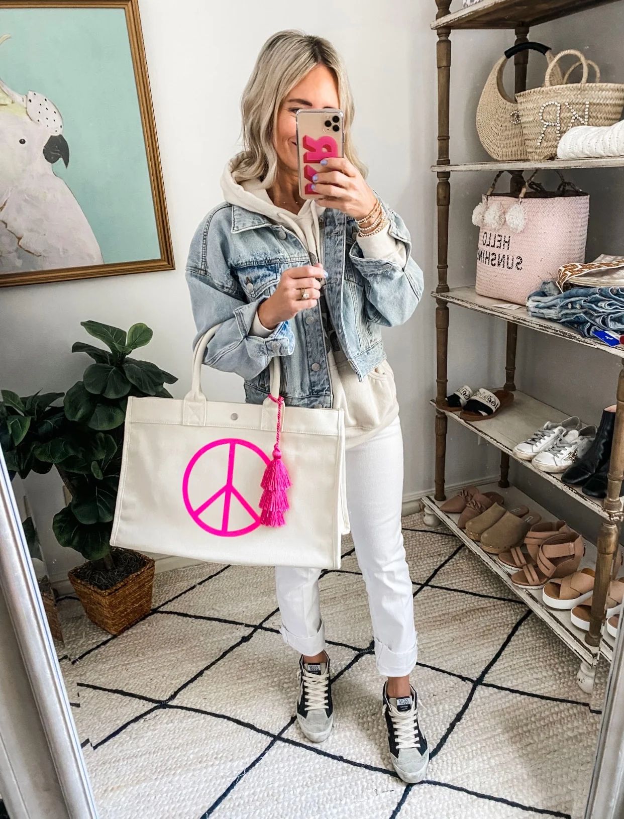 East West Bag: Natural with JUMBO NEON PINK PEACE SIGN Just $117 with | Quilted Koala
